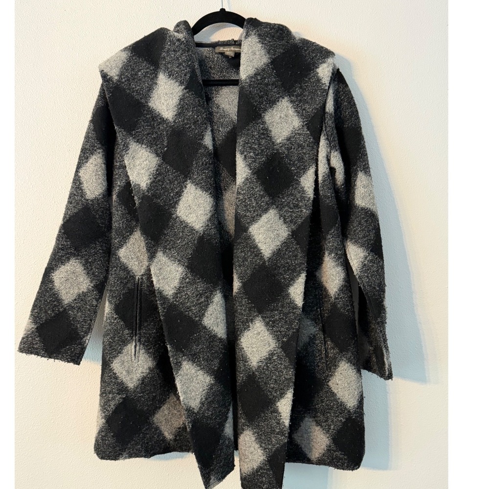 Tommy Bahama Womens Small Black Plaid Oversized Hooded Open Front Cardigan Coat